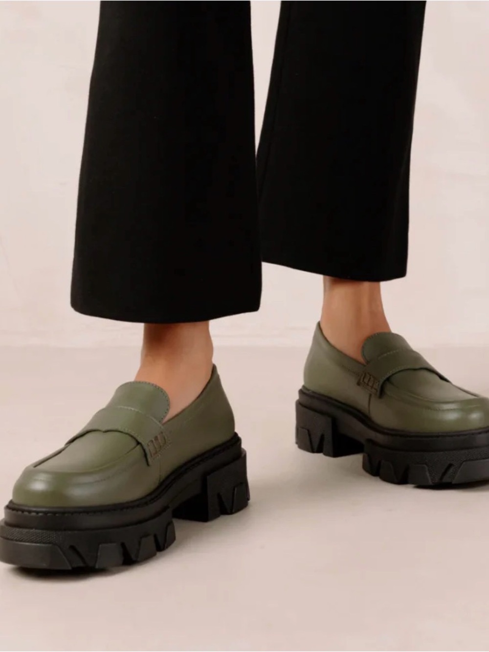 ALOHAS Olive Green Leather Platform Penny Loafers with Black Sole